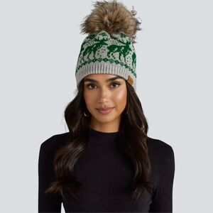 PANACHE Light Gray & Green Reindeer Pom Pom Beanie Hat